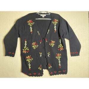 VTG Gina Peters Women's Embroidered Floral Knit Cottage Fairy Sweater Black 2X